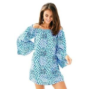 Lilly Pulitzer Nevie Off The Shoulder Toe In Blue‎ White Pineapple Resort Sz XS